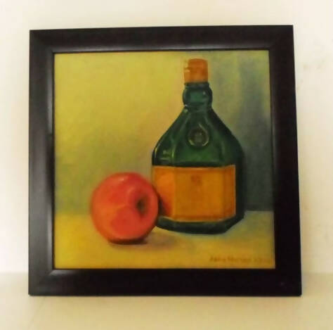 Still life painting with apple and green bottle