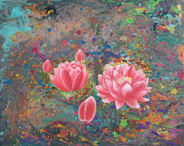 Blooming Euphoria: Vibrant Pink Lotus Flowers on Colorful Fluid Art