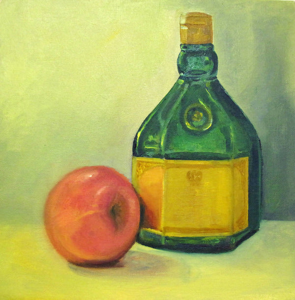 Still life painting with apple and green bottle
