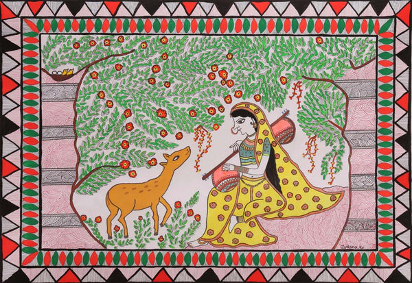 A deer along with RadhÃ¡ in a devotional trance