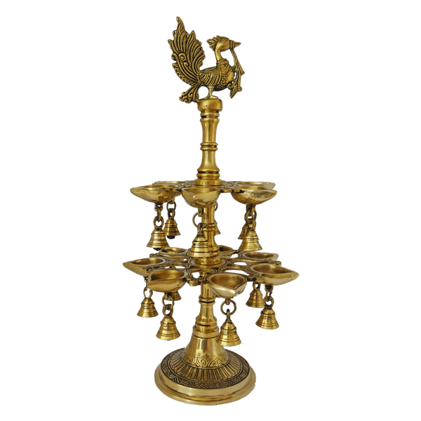Attractive Brass Diya With Bells and Peacock Showpiece