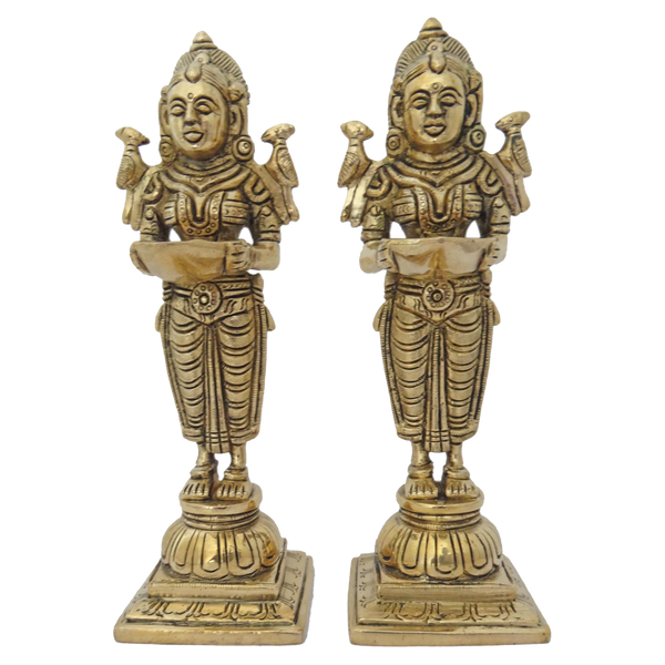 Beautiful Pair of Devi's Holding Diya Brass Statue