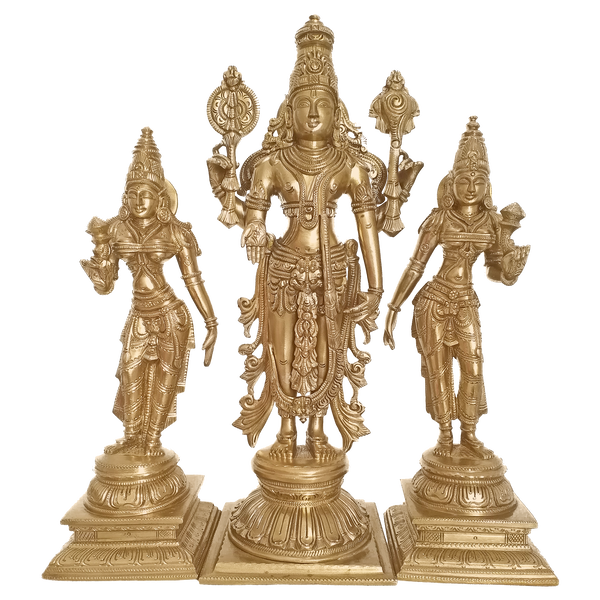 Bengaluru Bronze Lord Vishnu Narayana standing With Two Devi's Sclupture