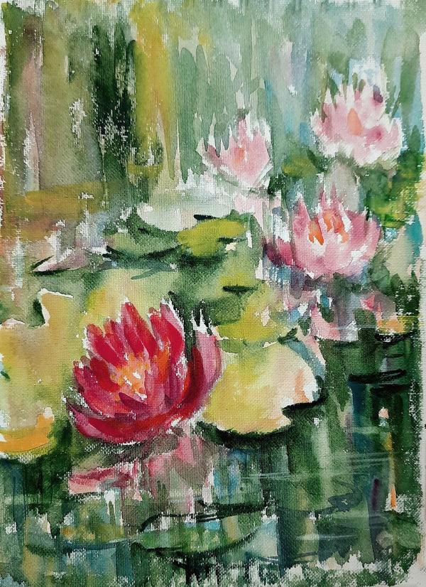 Red Lotus and Pink water lily pons, watercolor painting