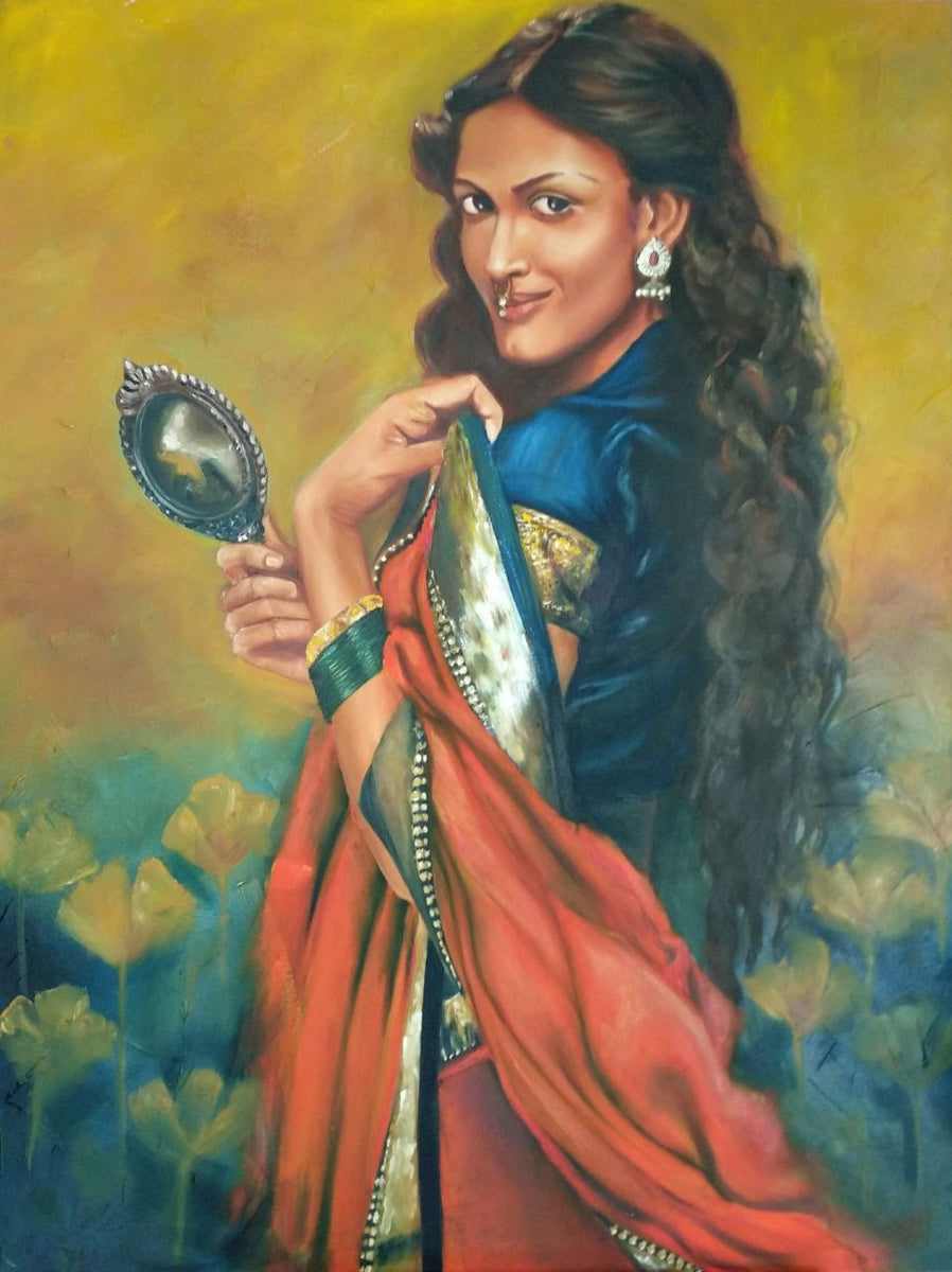 Buy Indian Lady with a Mirror Painting at Lowest Price By Geetu ...