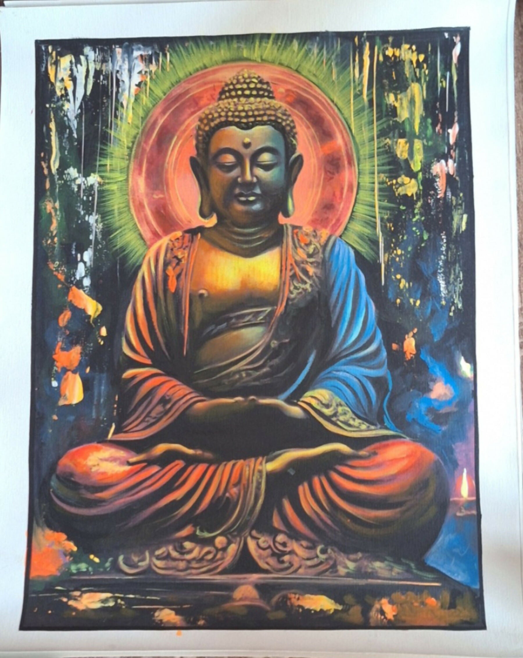 buddha, meditation, serene, statue, halo, colors, spiritual, peace, focus, tranquility