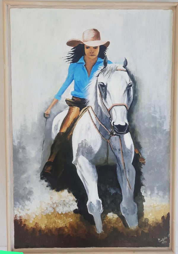 A lady riding the white horse