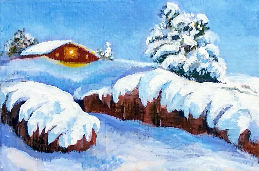 Snow cottage, winter landscape, Framed acrylic painting on canvas