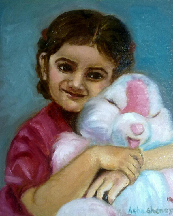 Little girl with a teddy bear, oil painting on canvas