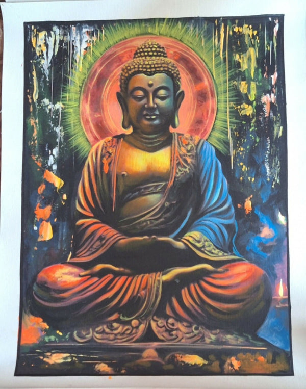 buddha, meditation, serene, statue, halo, colors, spiritual, peace, focus, tranquility