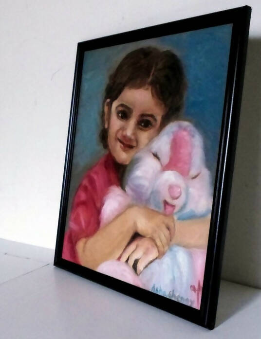 Little girl with a teddy bear, oil painting on canvas