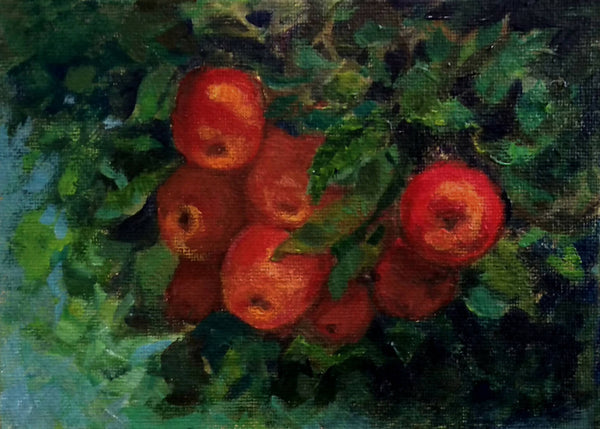 Small painting of Red apples on a branch, acrylic on canvas board, framed art