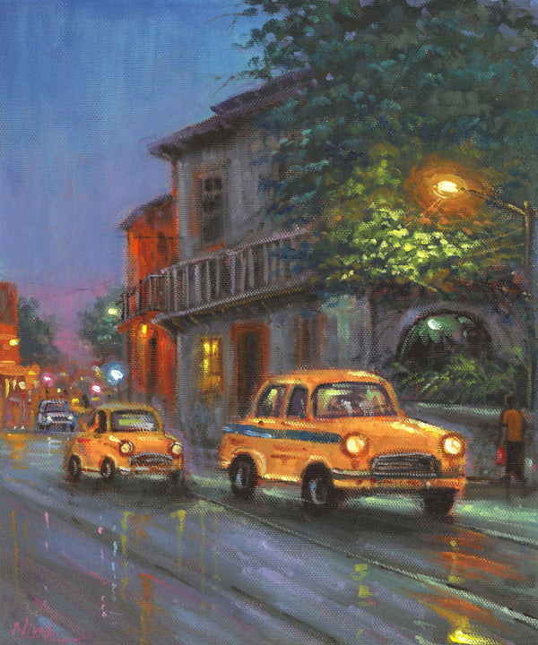 Kolkata Rains | Cityscape Painting with Yellow Ambassador Taxis