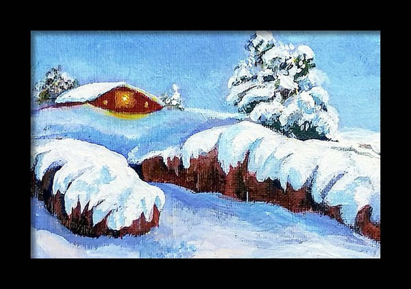 Snow cottage, winter landscape, Framed acrylic painting on canvas