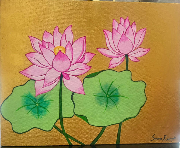 Golden Serenity – Twin Lotus Acrylic Painting
