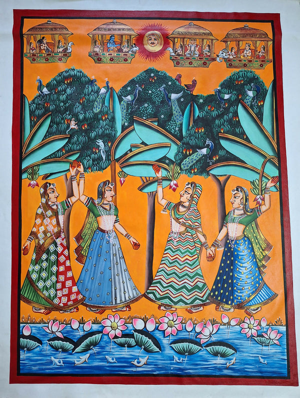 traditional, dance, garden, women, trees, colorful, lotus, celestial, birds, nature