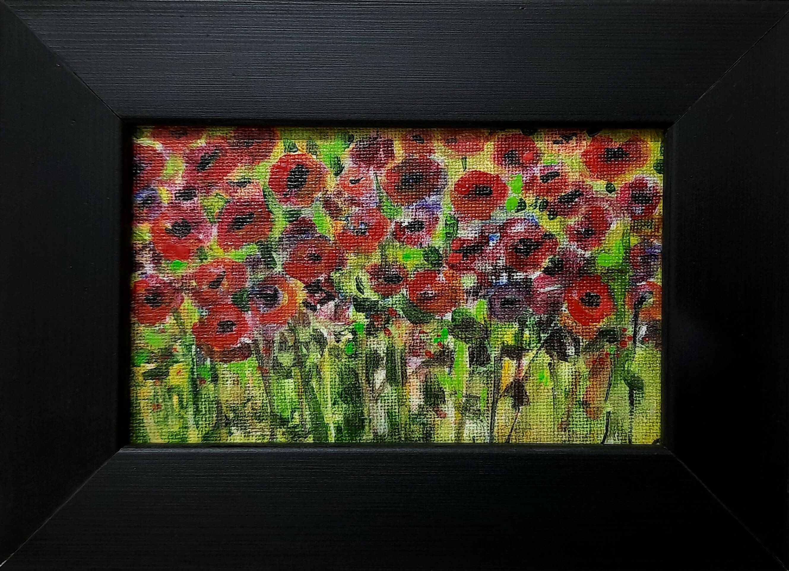 Small poppy field acrylic painting with frame