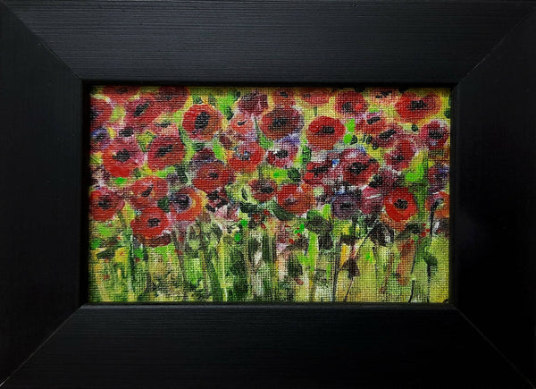 Small poppy field acrylic painting with frame