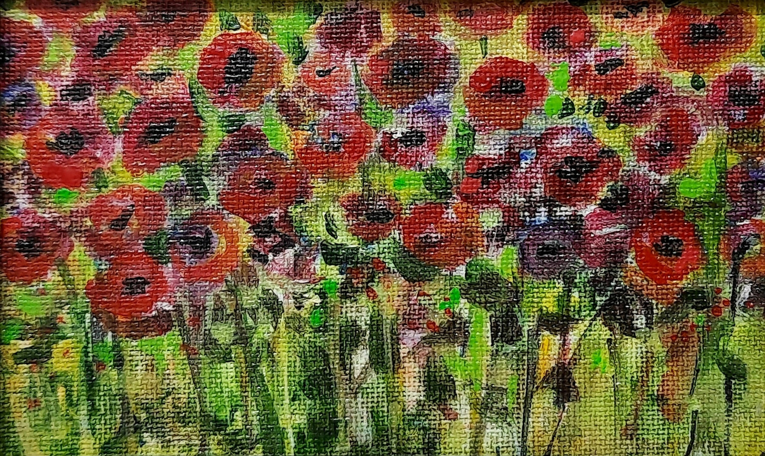 Small poppy field acrylic painting with frame