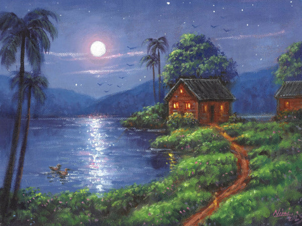 Emerald Night | Moonlight Palm Cabin Lake Original Painting