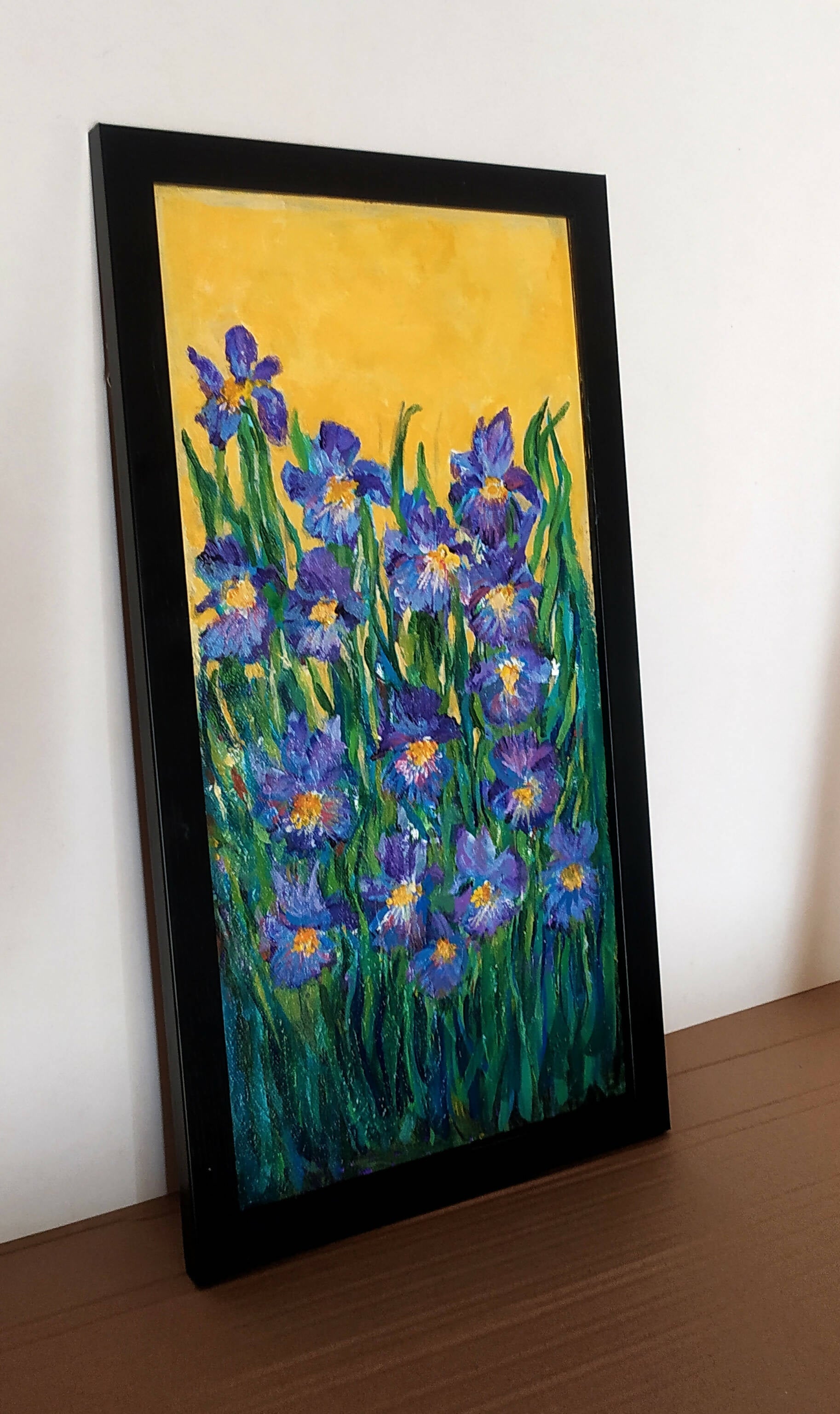 Expressive Iris garden, Framed acrylic painting on canvas