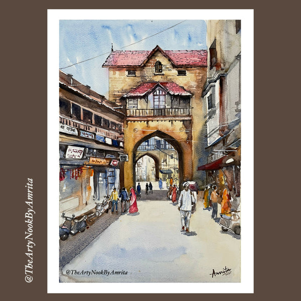 Gujarat cityscape original watercolor painting/ Porbander street scene/ 100% handmade artwork