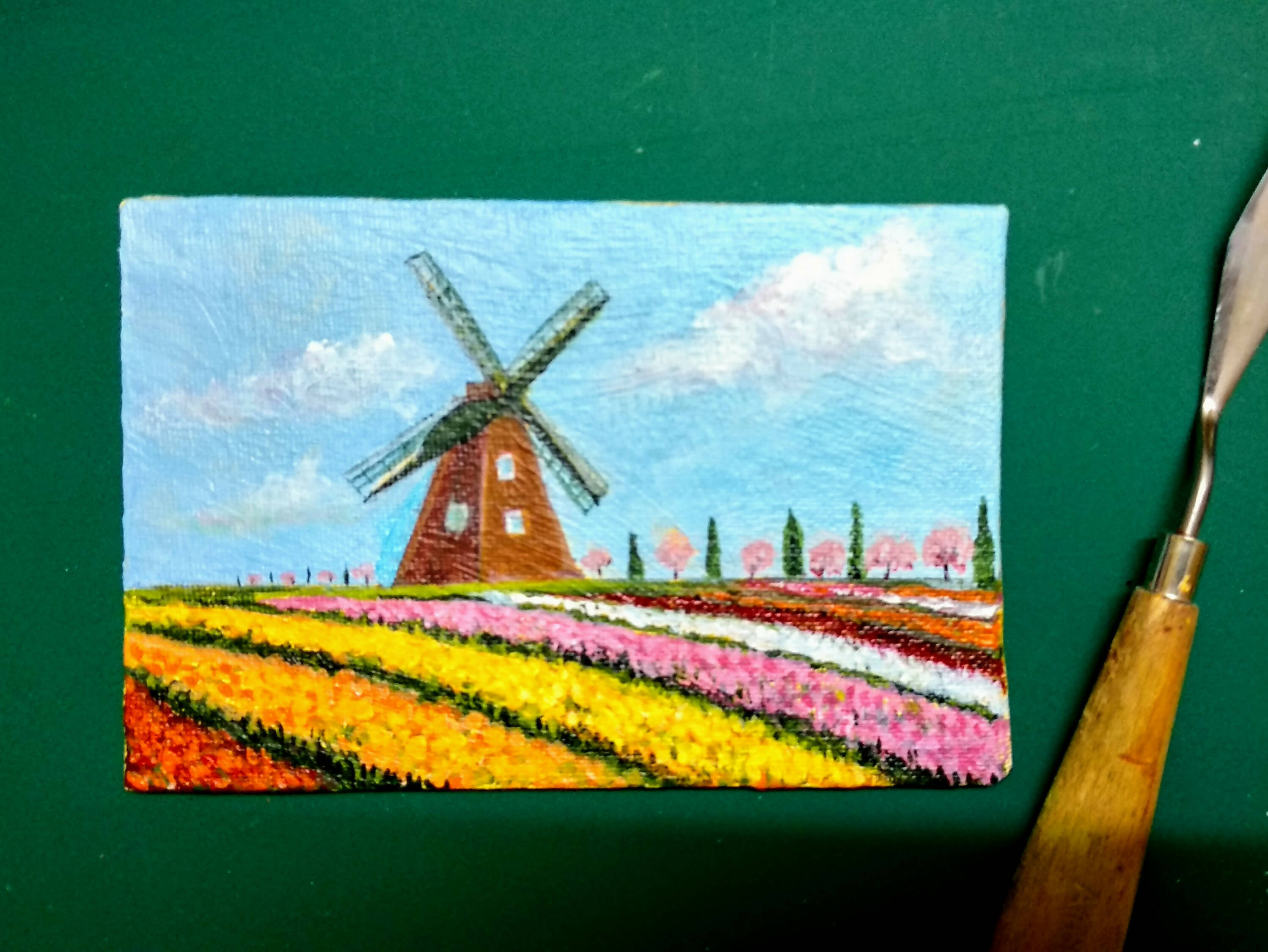 Tulips and Wind Mill of Holland, small acrylic painting on canvas, Dutch landscape