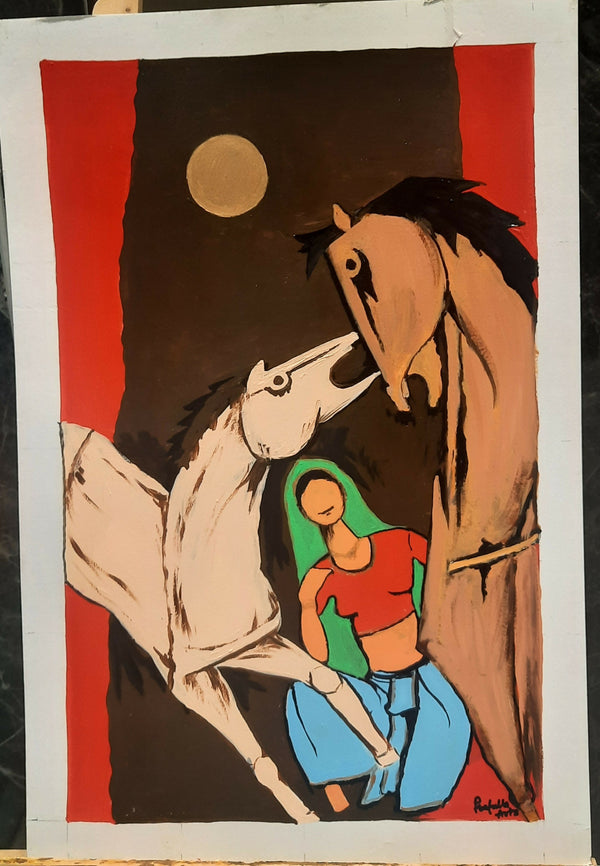 Abstract painting of 2 Horses and a women