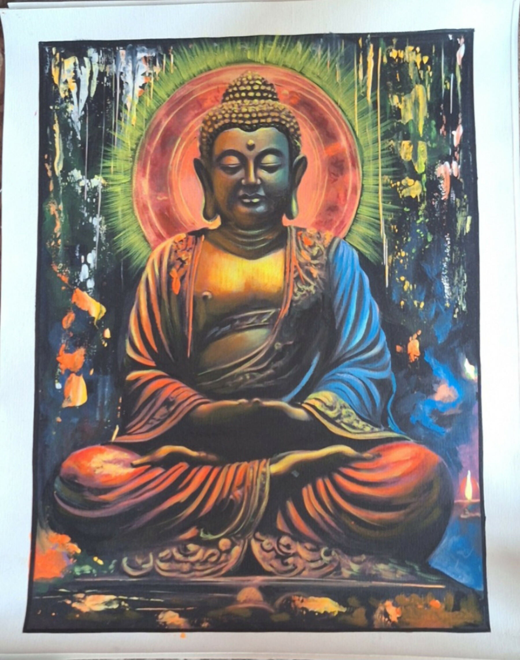 buddha, meditation, serene, statue, halo, colors, spiritual, peace, focus, tranquility