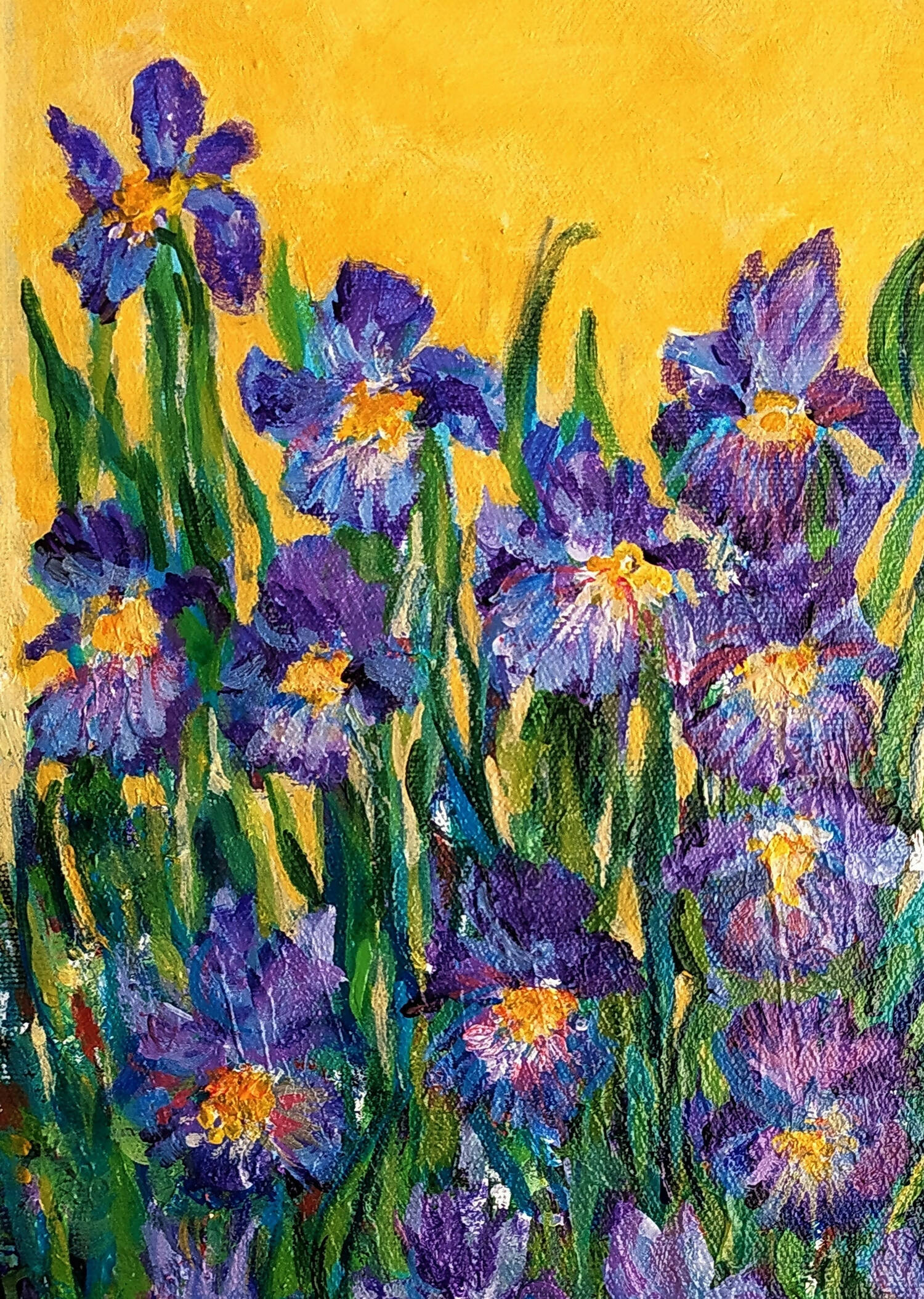 Expressive Iris garden, Framed acrylic painting on canvas