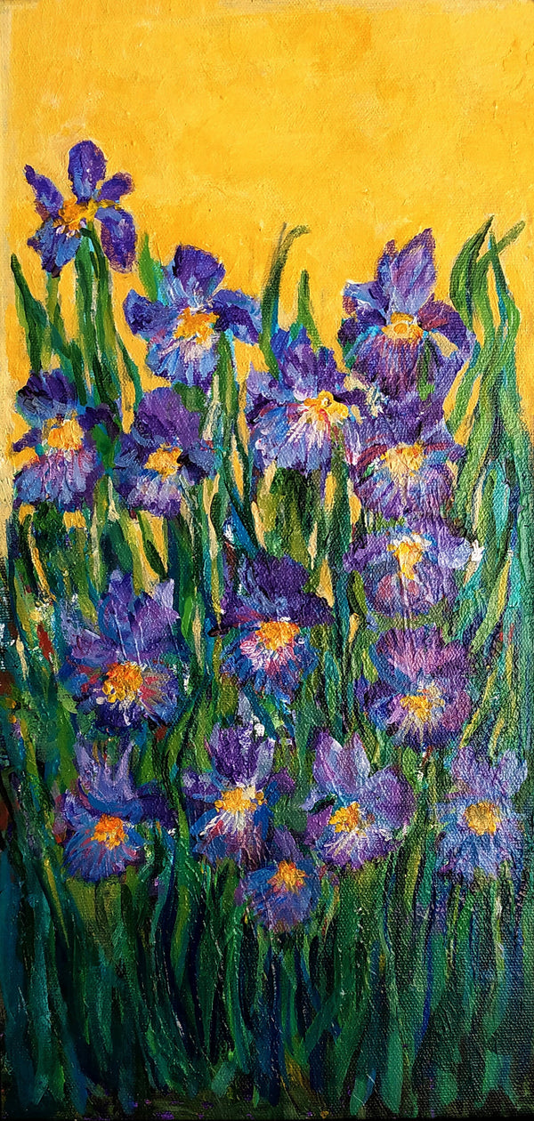 Expressive Iris garden, Framed acrylic painting on canvas