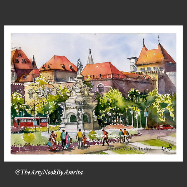 Flora fountain Mumbai cityscape, original watercolour painting, Indian city wall art, travel lovers gift