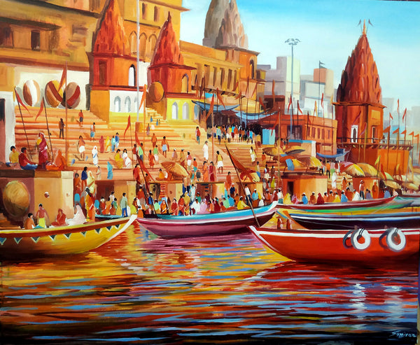 Colorful Morning Varanasi Ghats Painting