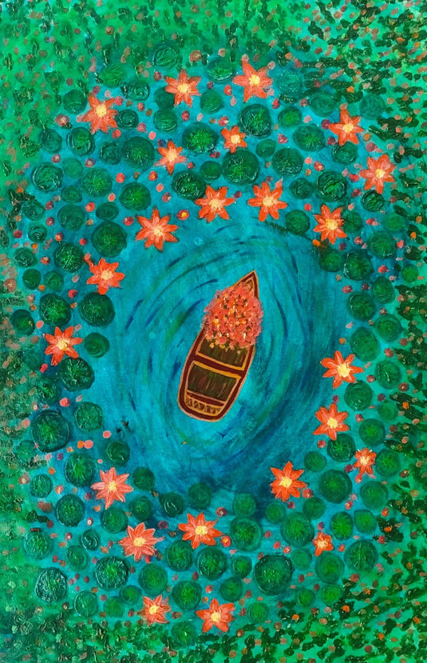 Ariel top view of a boat in lotus pond
