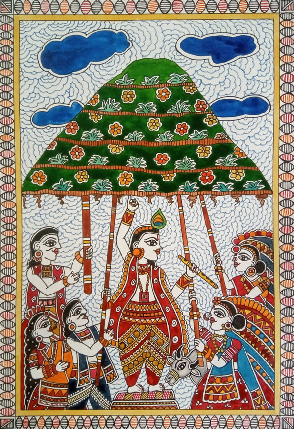 Krishna Govardhan Leela Madhubani Painting