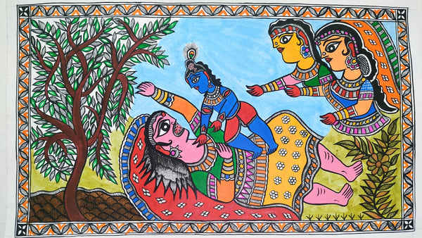 Divine Valor: Madhubani Painting of Baal Krishna Confronting demoness Putna