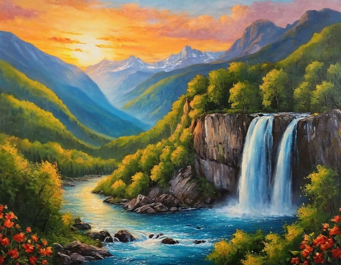 Buy Sunrise Mountains waterfall Nature scenery landscape painting