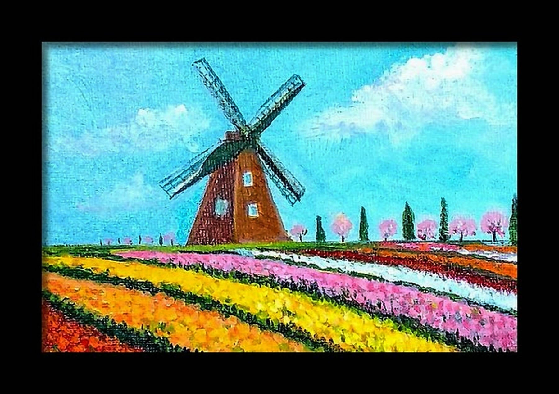 Tulips and Wind Mill of Holland, small acrylic painting on canvas, Dutch landscape