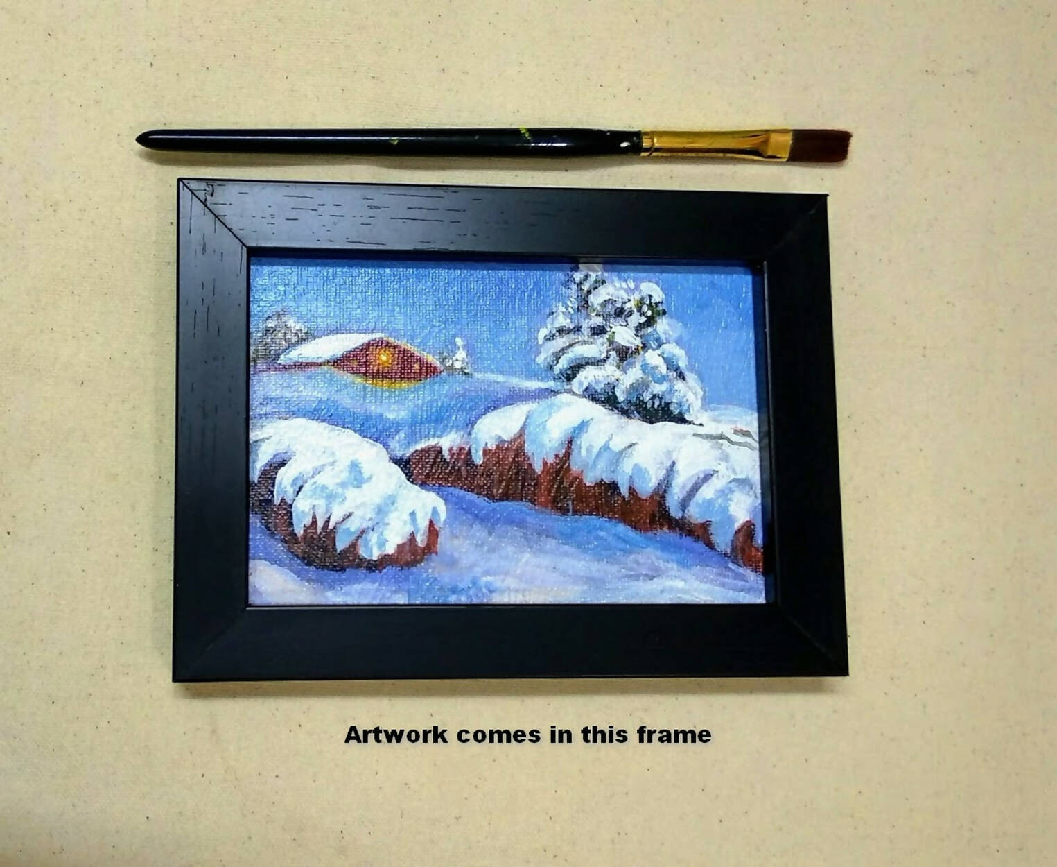 Snow cottage, winter landscape, Framed acrylic painting on canvas