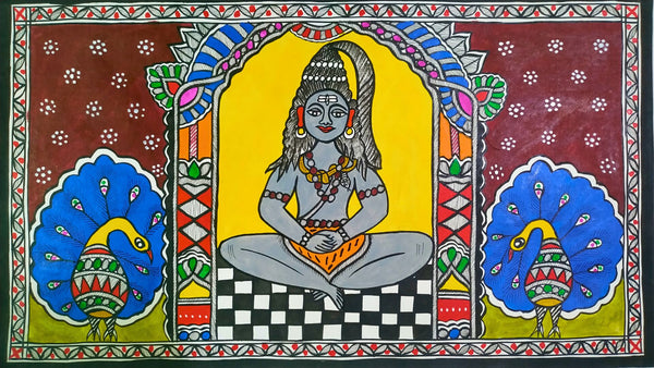 Lord Shiva Madhubani Painting with Peacocks