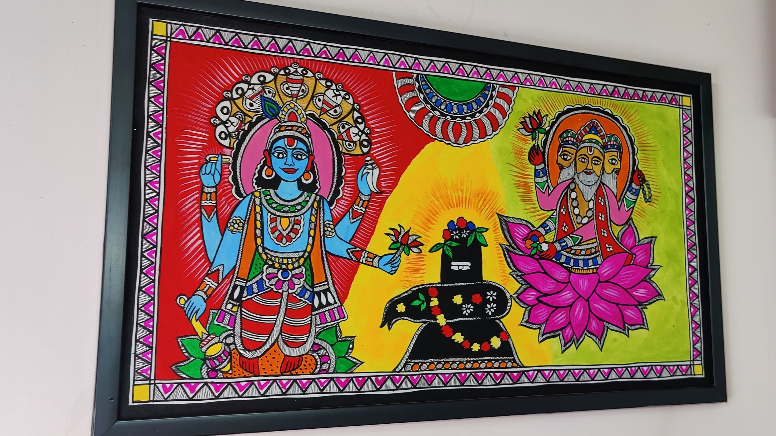 The Trimurti : Madhubani Painting of Lord Vishnu, Lord Brahma, and Shivling