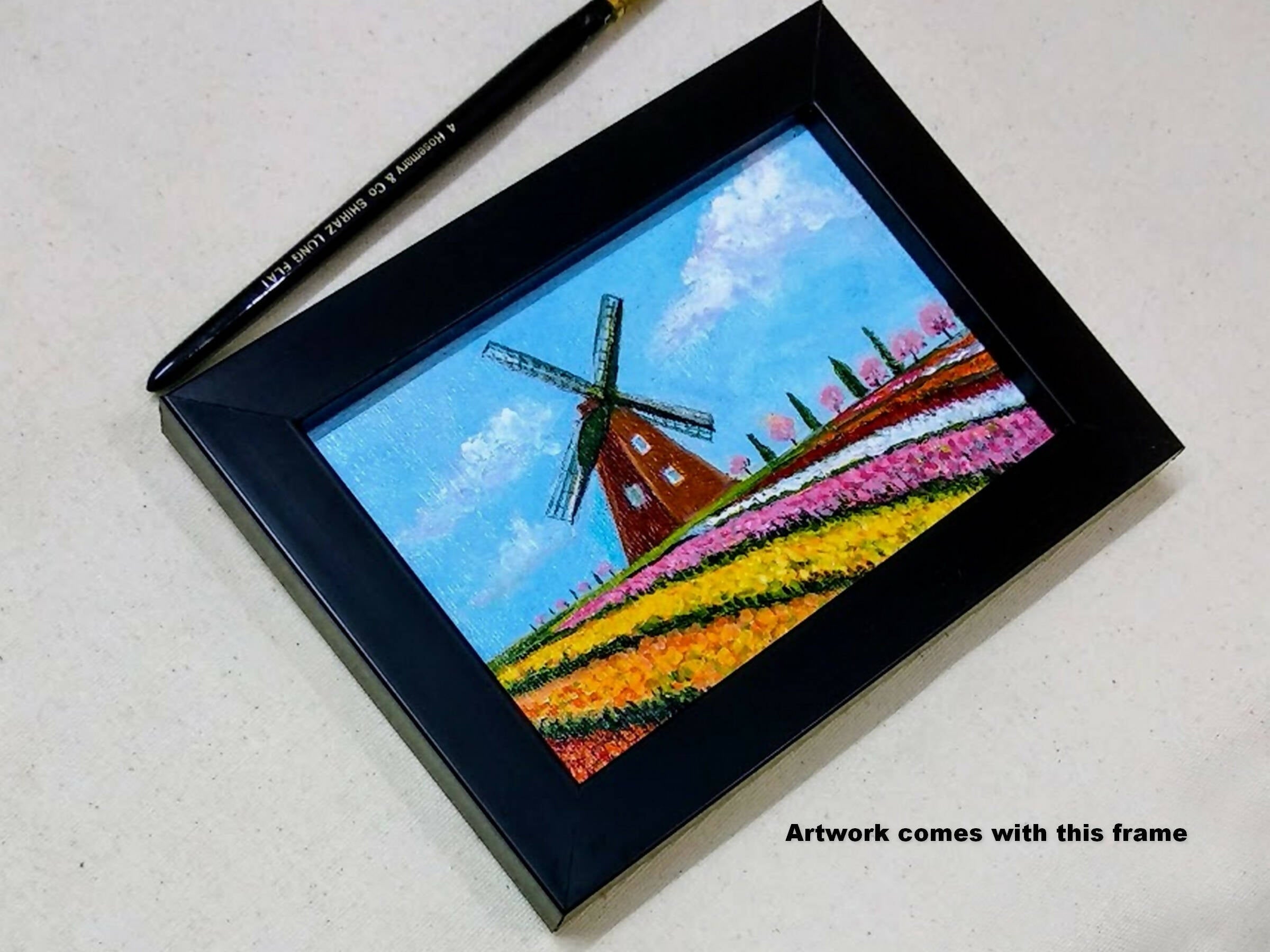 Tulips and Wind Mill of Holland, small acrylic painting on canvas, Dutch landscape