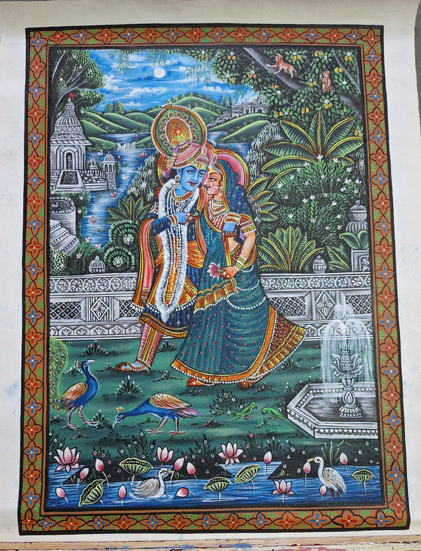 radha, krishna, garden, river, temple, vibrant, peacocks, nature, love, relationship