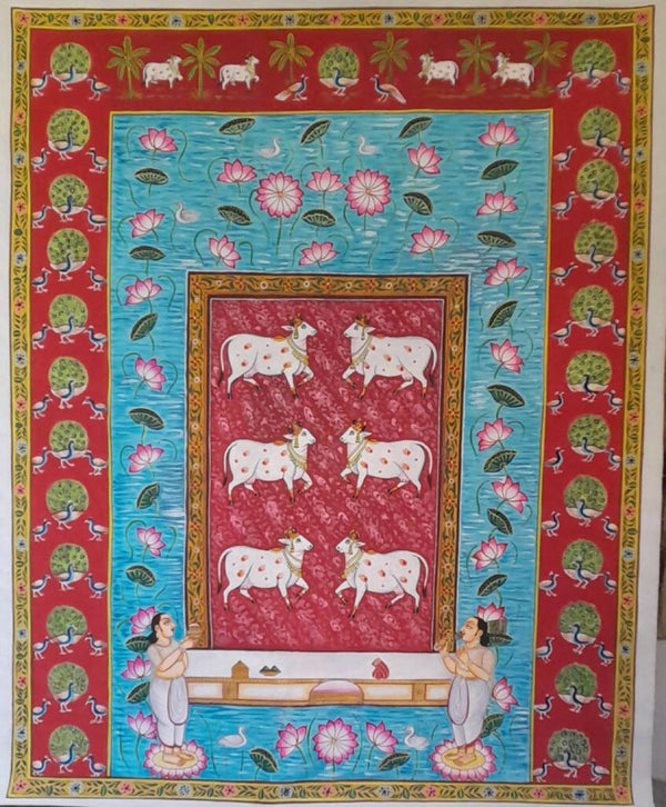 Traditional wall Painting of Beautiful Cow In Kamal Talai Indian Pichwai Painting