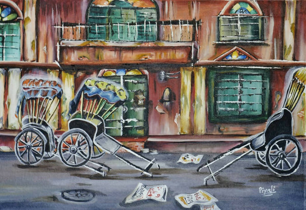 Memories - City of Joy Acrylic Painting | Kolkata Cityscape Art | 32x24 inches Home Decor on Rolled Cotton Canvas