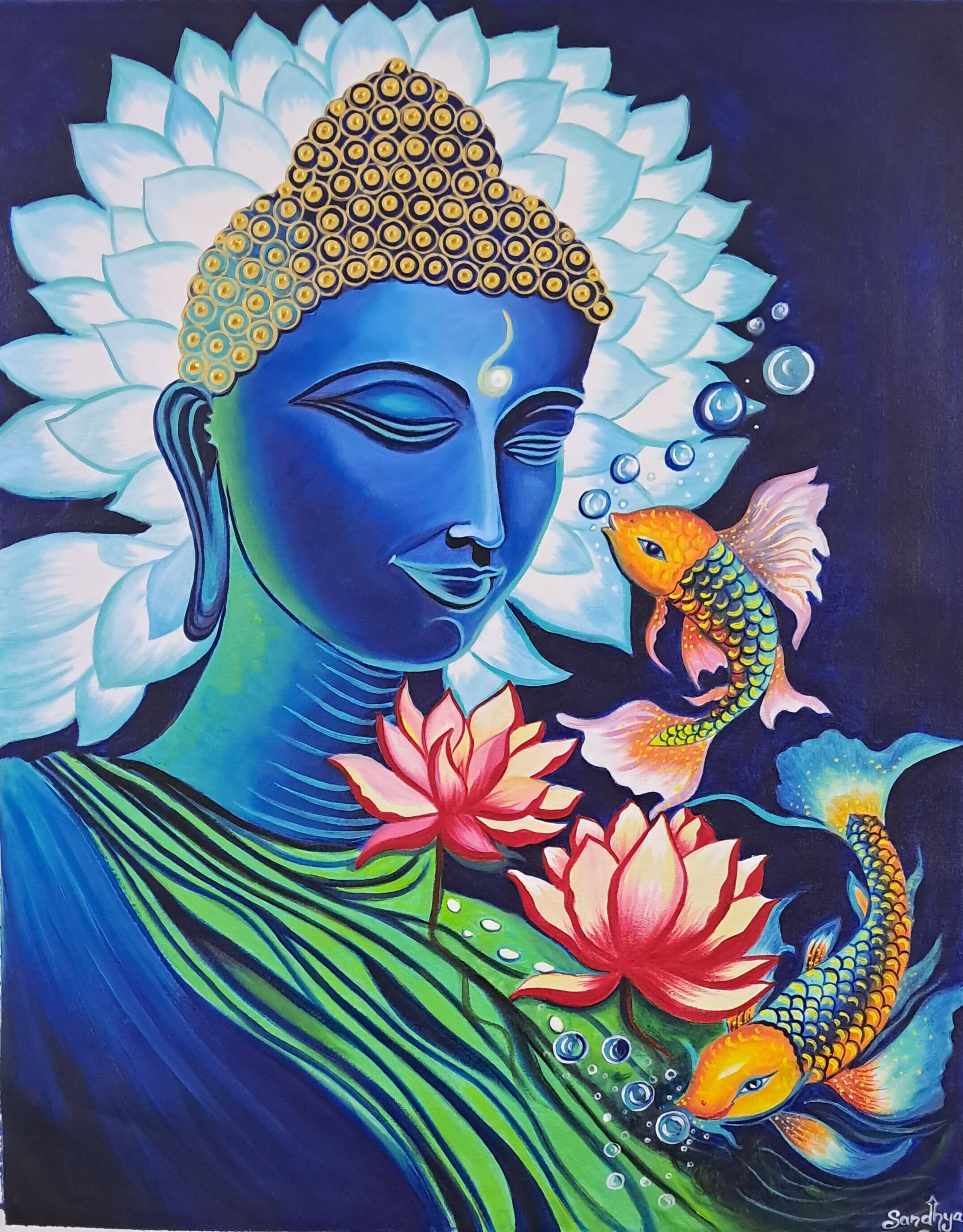 Captivating Lord Buddha Artistry Beneath a Sea of Colorful Fish