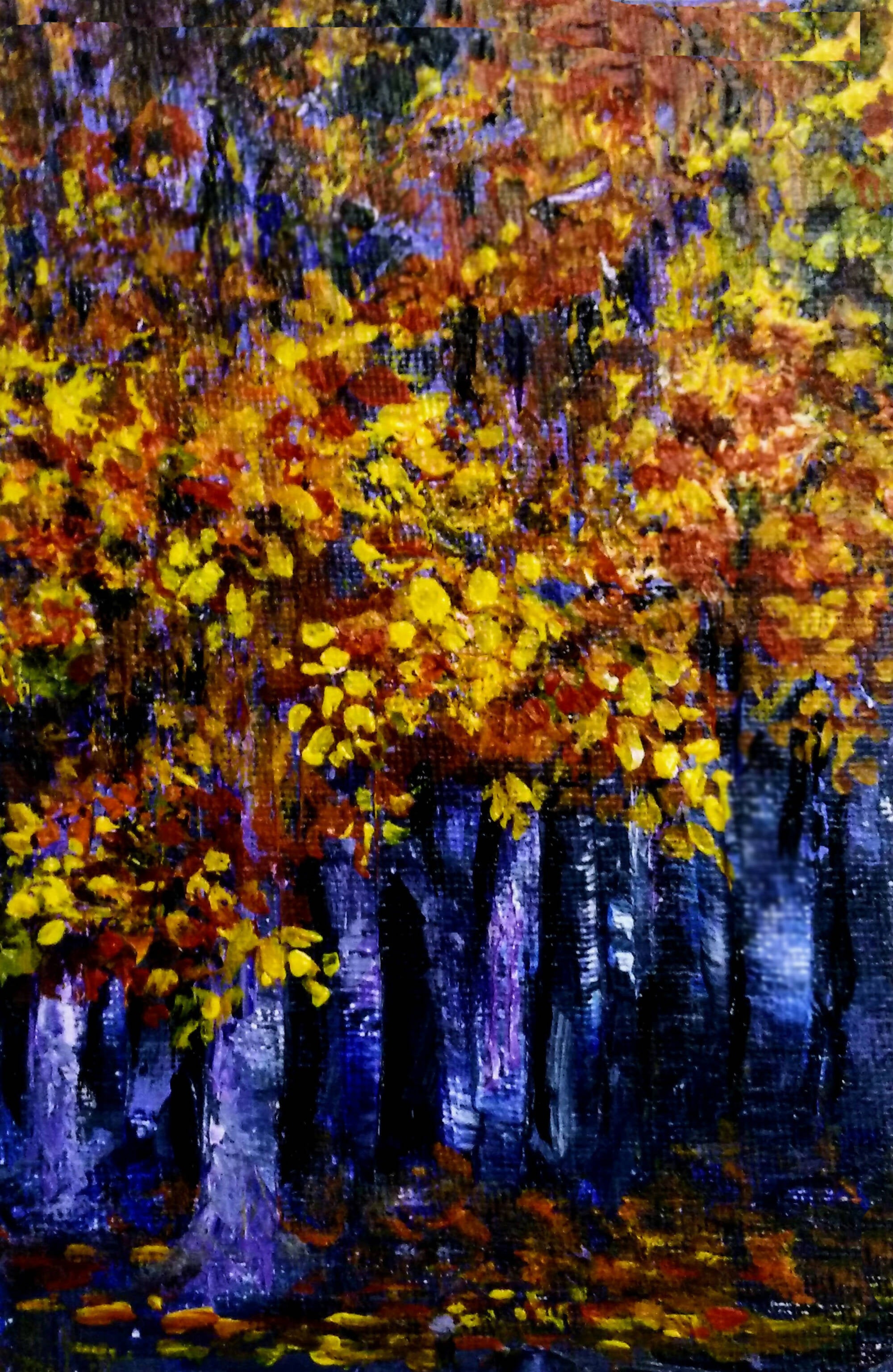 Miniature abstract painting of autumn trees