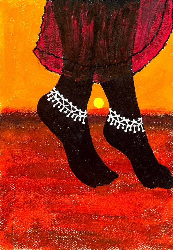 An art that depicts sun in between a girl's anklets