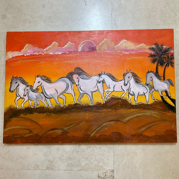 7 seven running horses with sunrise background vastu feng shui painting on canvas - prosperity and good luck to home - lucky charm painting