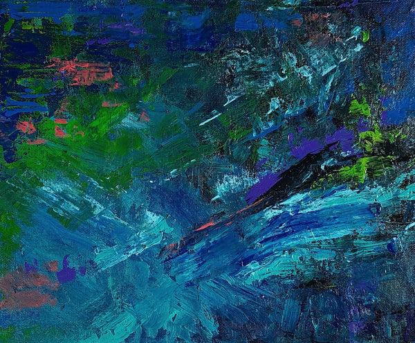 Blue pond with pink water lilies, abstract painting on canvas